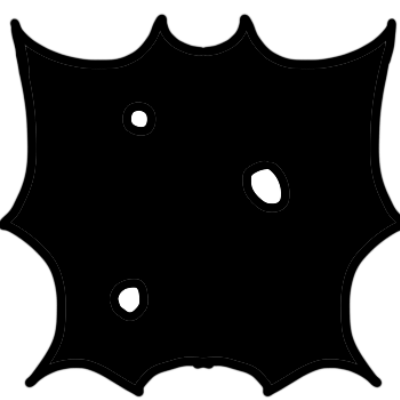 a somewhat spiky black shape with three small white round shapes in it.